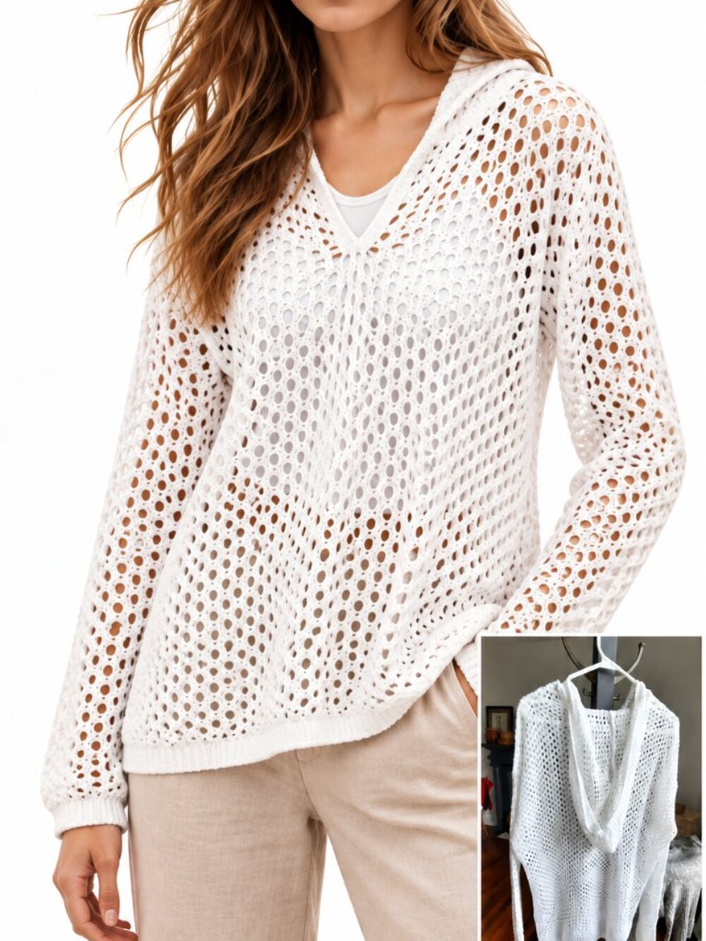 Charlie B Cotton rich White "fishnet" hooded top